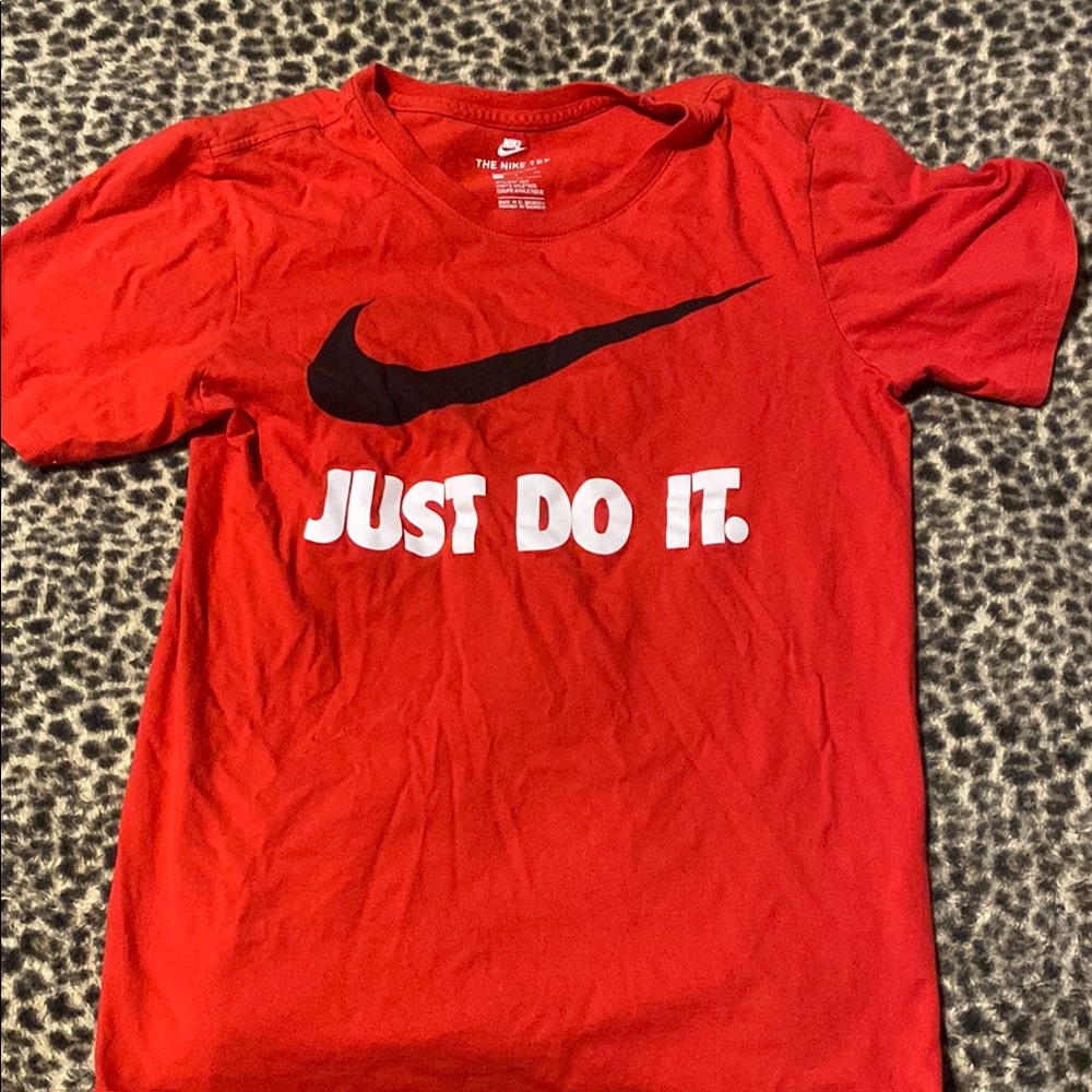 Nike Red T-Shirt with Black Swoosh and White Text